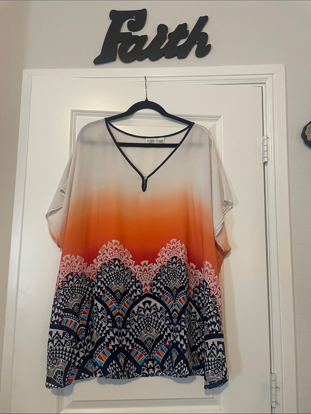 Cato White to Orange Ombre Geometric V-Neck Tunic with Navy Trim
